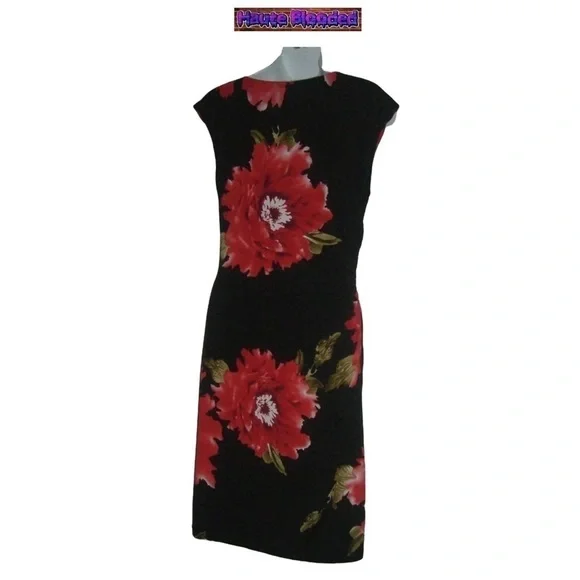 Vintage 90's Dressbarn Dress LBD Red Flower Floral Print Summer Ruched y2k Sz 6 - Picture 6 of 10